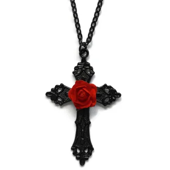 Čierny Kríž s Red Rose Náhrdelník Gotický Módne Šperky Vyhlásenie Cross Prívesok Darček Romantické Valentine Viktoriánskej Ženy Darček