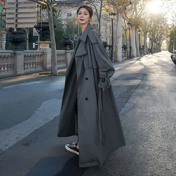 Kórejský Štýl Voľné Bežné Ženy Dlho Zákopy Srsti Double-Breasted-Belted Lady Plášť Windbreaker Jar Jeseň Vrchné Oblečenie Sivá Khaki